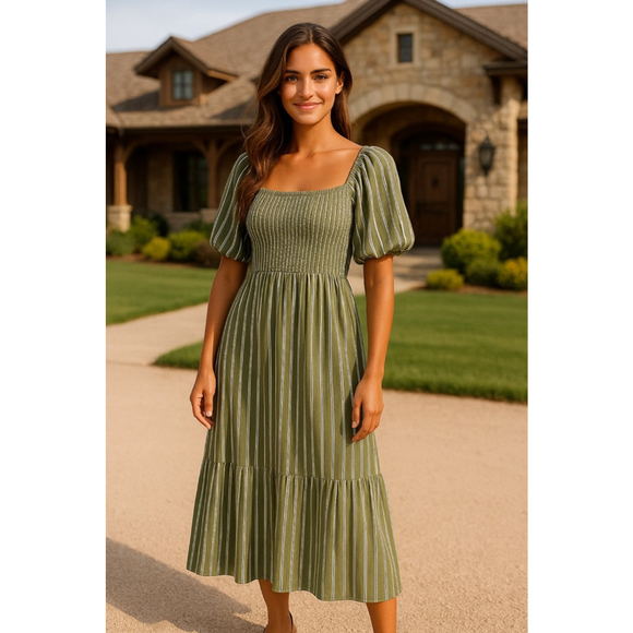 Maurices Dresses & Skirts - Maurices Smocked Maxi Dress Puff Sleeve Green White Stripe Boho Cottagecore XXL